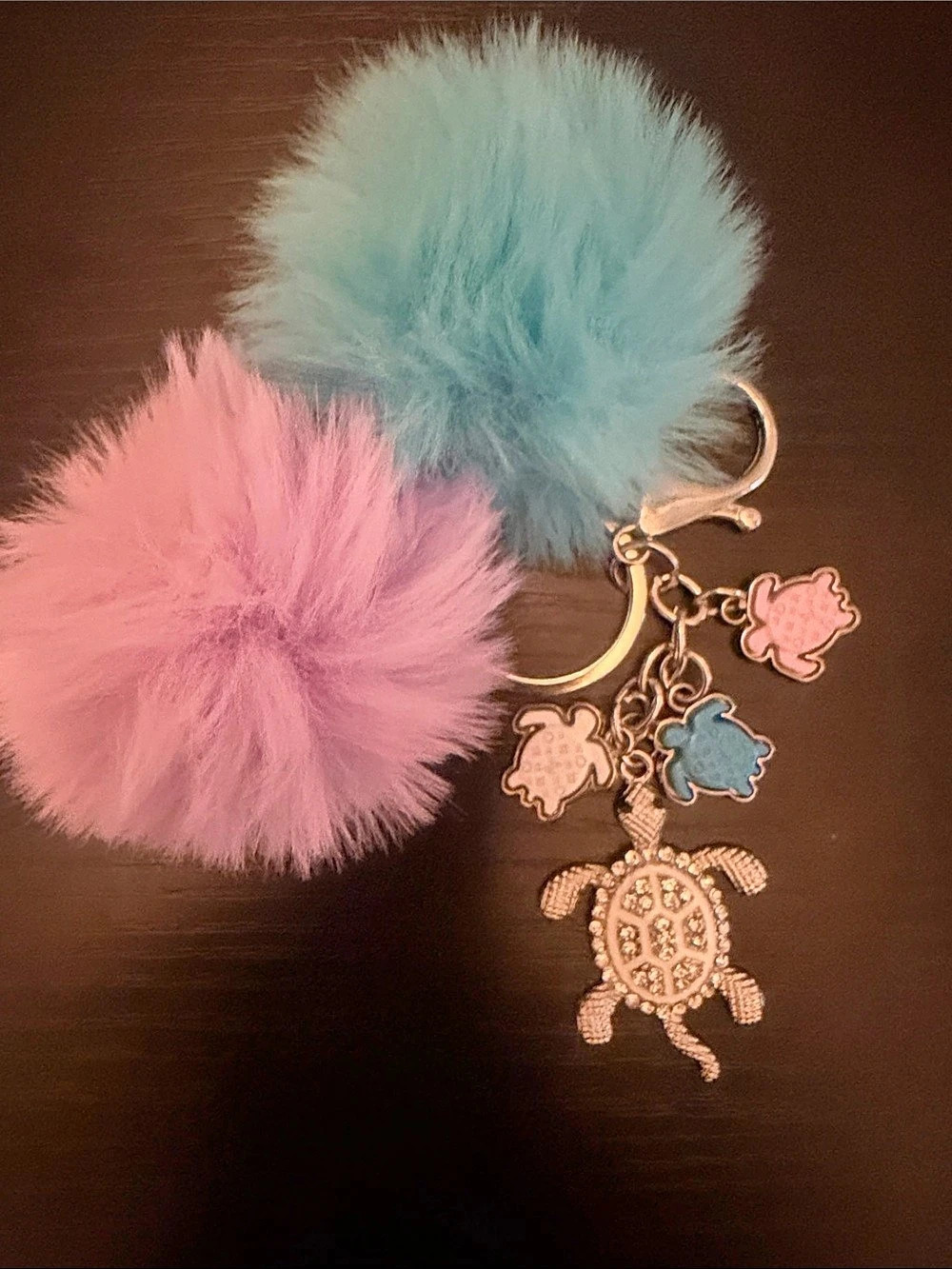 Inspired Turtle Charm Pom Keychain Pink & Blue Like New